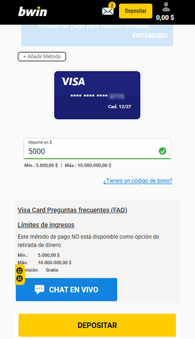 Depósito con la Visa guardada en bwin y aviso de que la tarjeta no sirve para retirar.