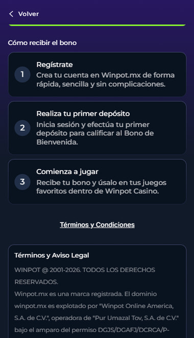 Términos y condiciones del bono de Winpot en México.