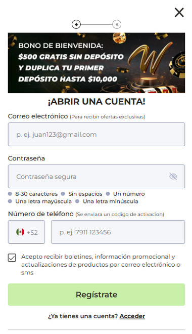 Formulario de registro de Winpot con correo, contraseña y teléfono.