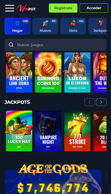 Catálogo de tragamonedas y jackpots del casino de Winpot.