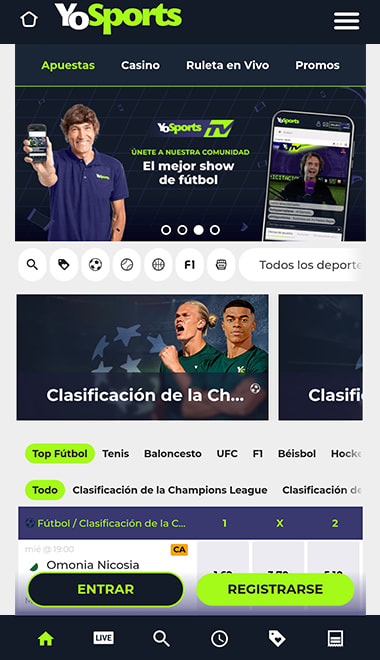 Home en el móvil de la casa de apuestas de YoSports.