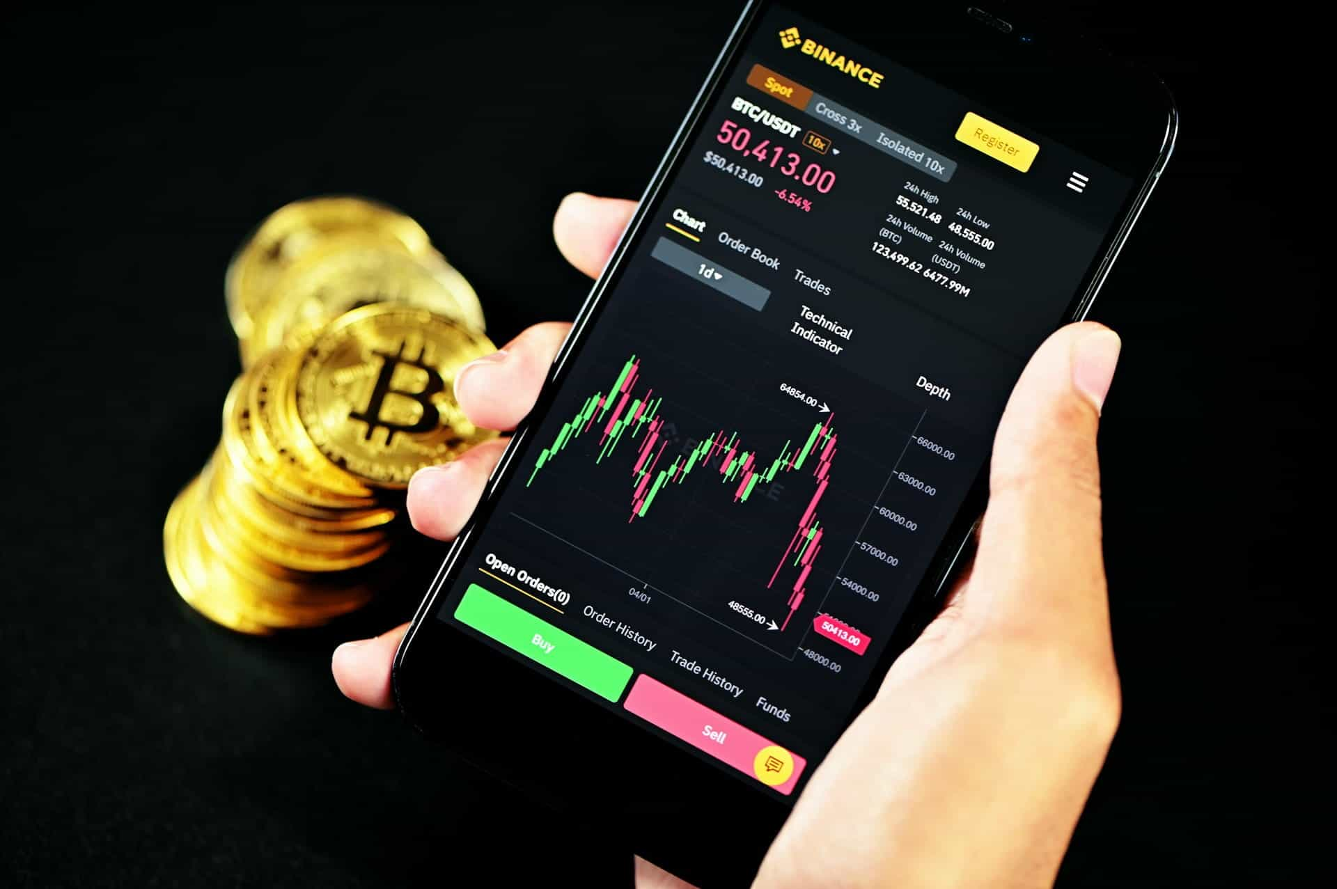 Trading con Binance en una aplicación del móvil.