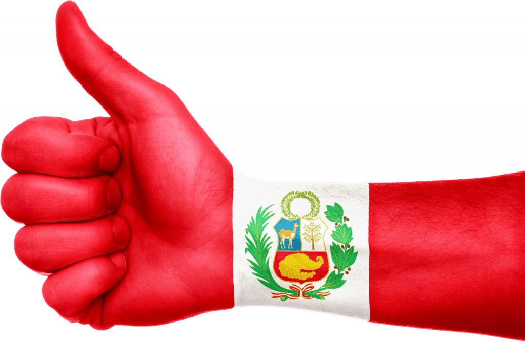 Brazo con el pulgar hacia arriba y bandera y escudo del Perú.