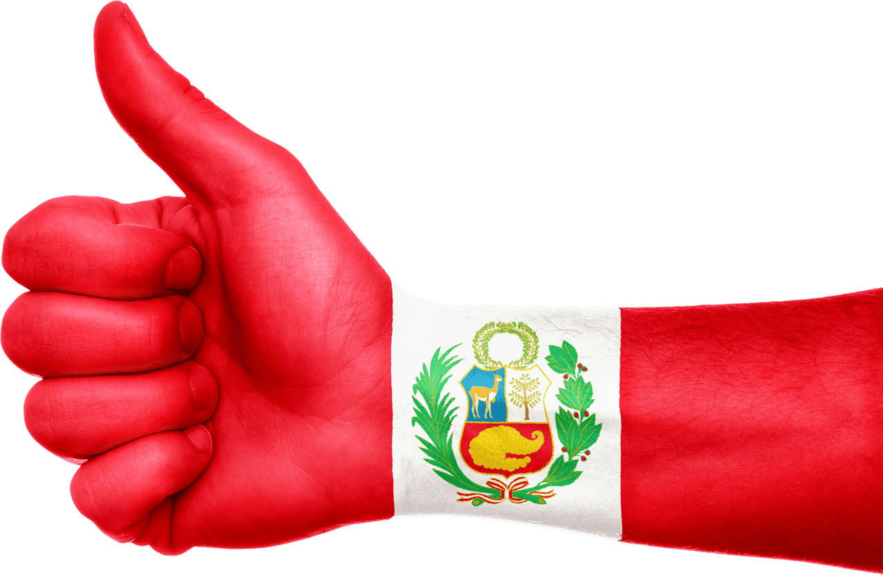 Brazo con el pulgar hacia arriba y bandera y escudo del Perú.