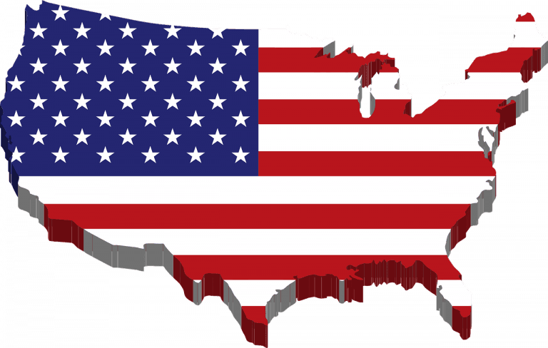 Mapa de los Estados Unidos con la bandera de las barras y estrellas.