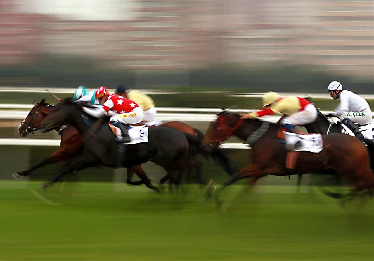 Jinetes y caballos corriendo en un hipódromo a toda velocidad.