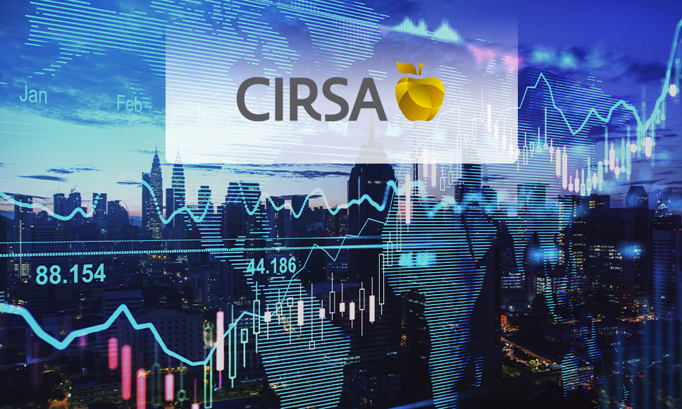 Logo de Cirsa y gráfica de valores bursátiles.