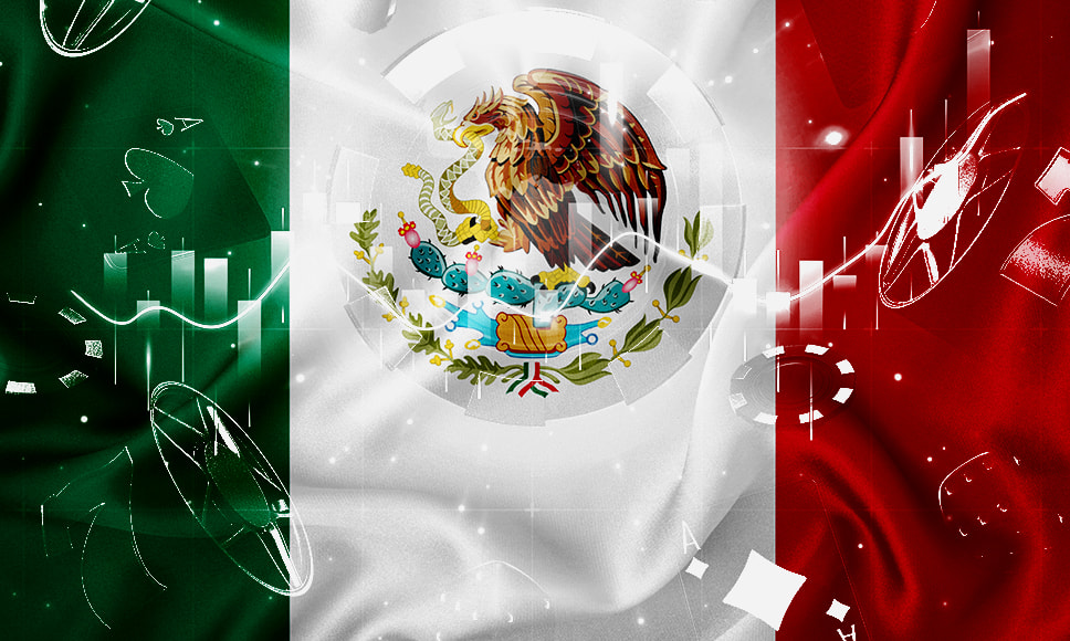 Bandera de México proyectada sobre un fondo de gráficas y símbolos de juegos de casino.
