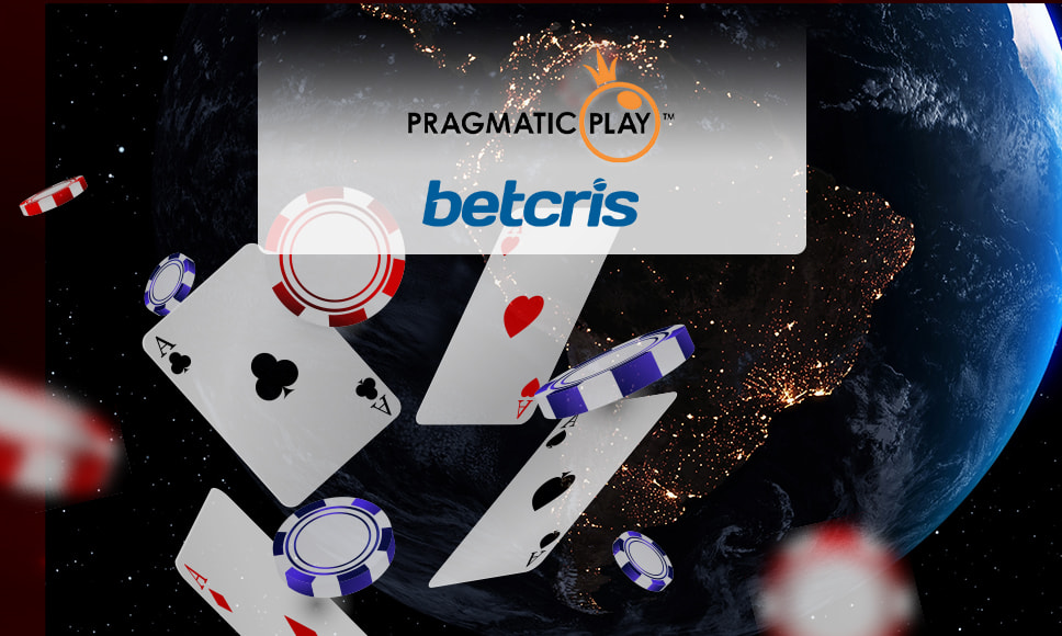 Logos de Pragmatic Play y Betcris con símbolos de juegos de casino.