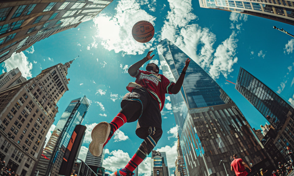 Jugador de baloncesto en el paisaje urbano de Nueva York.