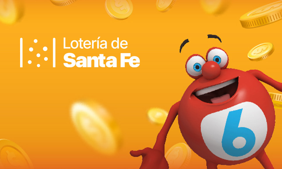 Fondo dorado con el logotipo de Lotería de Santa Fe y una bola de bingo animada.