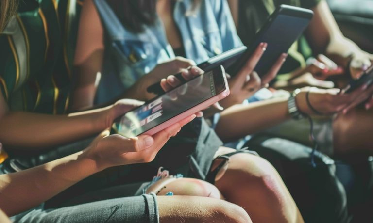 Grupo de adolescentes ojeando sus celulares.