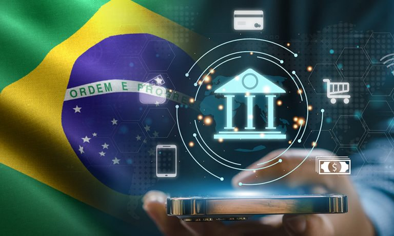 Bandera de Brasil y celular.