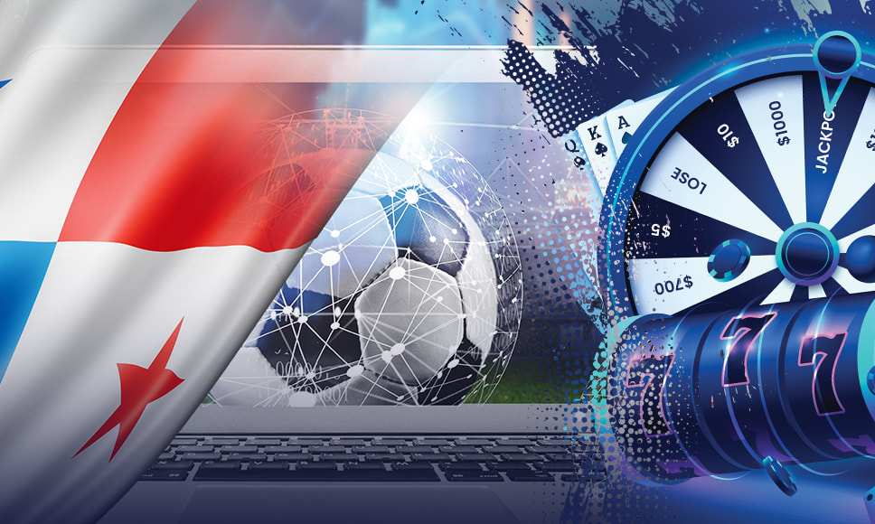 Bandera de Panamá con imágenes de juegos de casino y apuestas de fútbol.