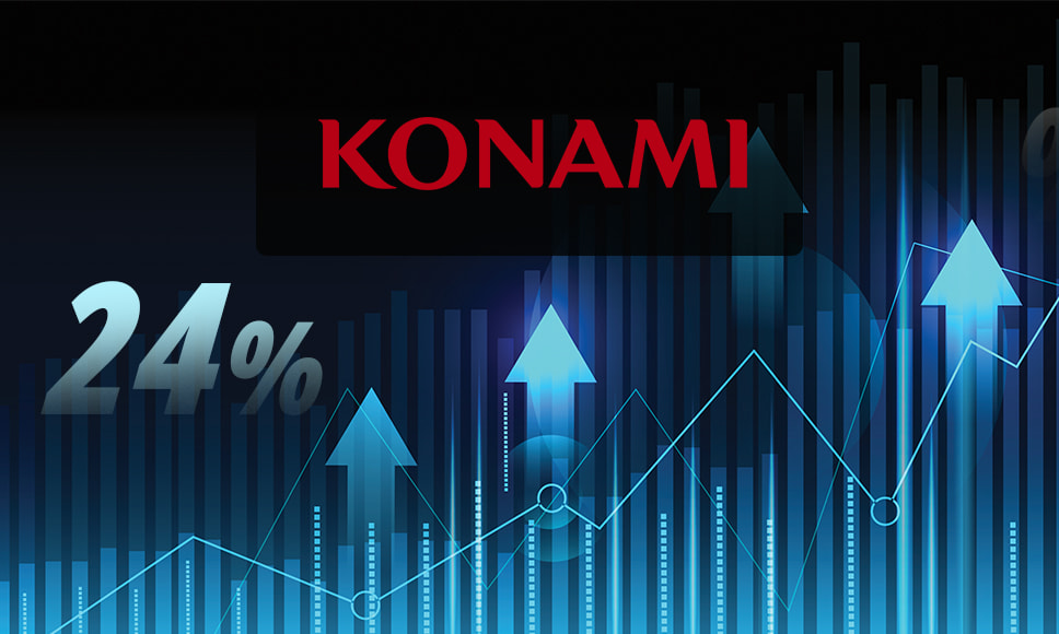 Logo de Konami Gaming sobre una gráfica de crecimiento.