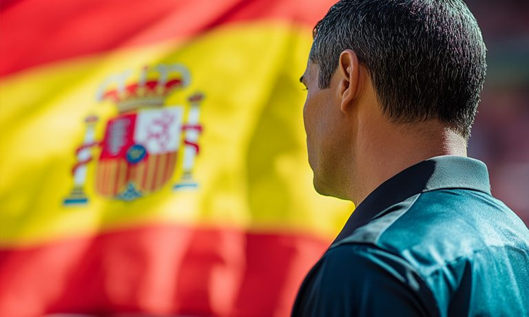 Árbitro de espaldas dirigiendo su mirada a la bandera de España.