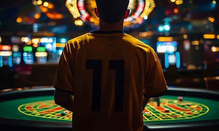 Persona de espaldas con una camiseta de fútbol en un entorno de casino y juegos de azar.