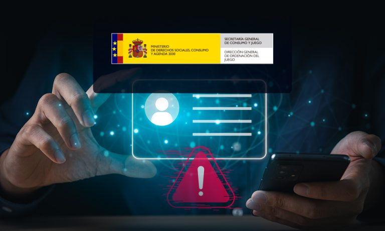 Logo de la DGOJ y señal de alerta en un entorno digital.