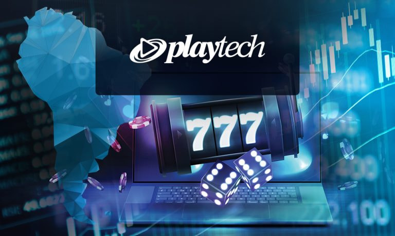 Logo de Playtech con símbolos de juegos de azar y un ordenador personal.