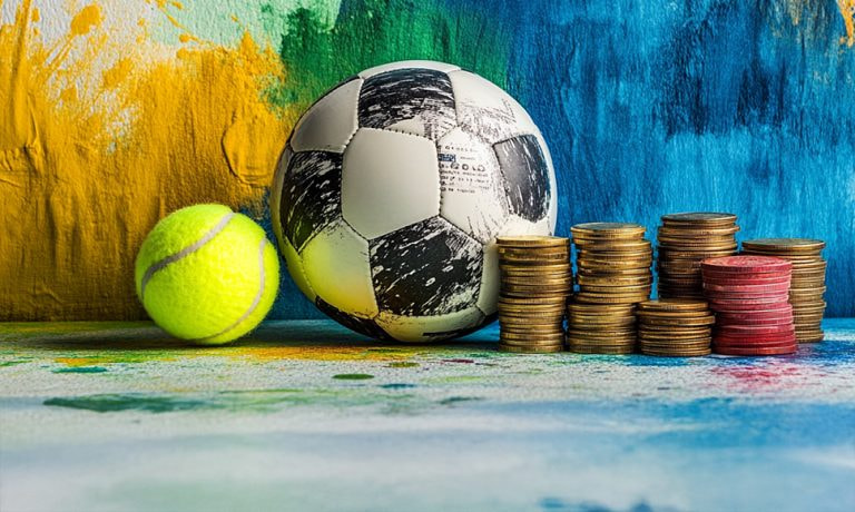 Pelota de fútbol y pelota de tenis ante una pared con monedas a un lado.