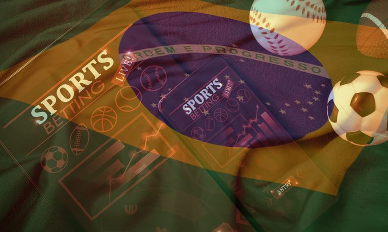 Bandera de Brasil en la que se sobreimpresionan una app móvil y símbolos de diferentes deportes.