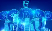 Silueta de Donald Trump sobre cinco criptomonedas.