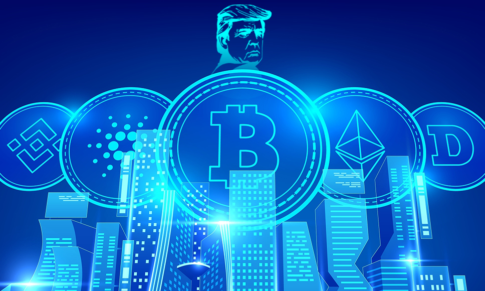 Silueta de Donald Trump sobre cinco criptomonedas.