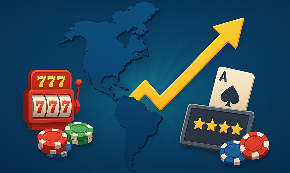 Flecha de crecimiento del mercado de juego online con el mapa de América.