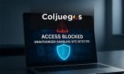 Logo de Coljuegos, Colombia, en un ordenador personal con señal de bloqueo.