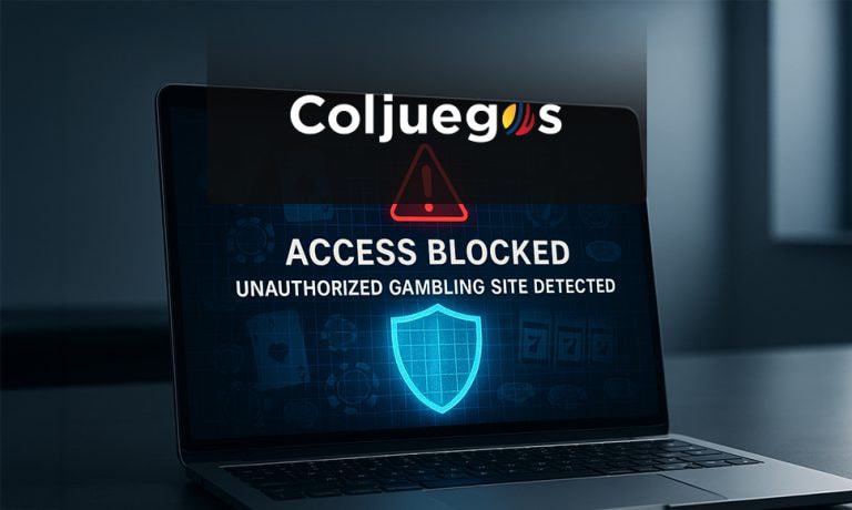 Logo de Coljuegos, Colombia, en un ordenador personal con señal de bloqueo.