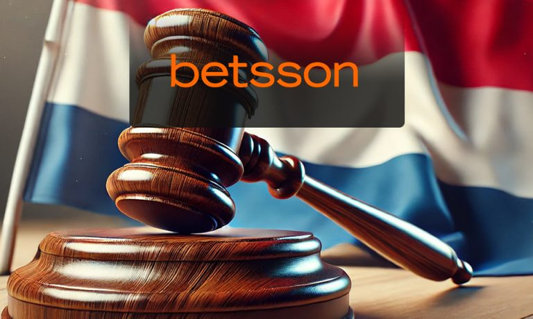 Mazo de juez junto al logo del casino online Betsson y bandera de los Países Bajos.