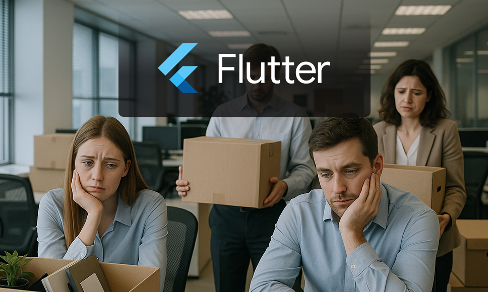 Empleados despedidos en oficina con logo de Flutter