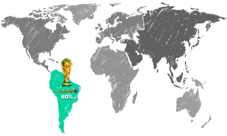 Mapamundi con Sudamérica coloreada en verde y un gráfico de crecimiento.