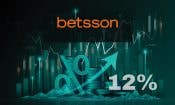 Gráfico financiero ascendente con el logo de Betsson y un aumento del 12%.