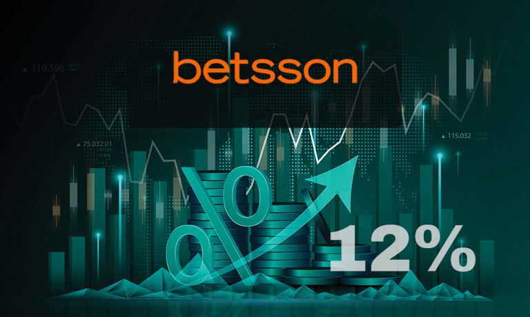 Gráfico financiero ascendente con el logo de Betsson y un aumento del 12%.