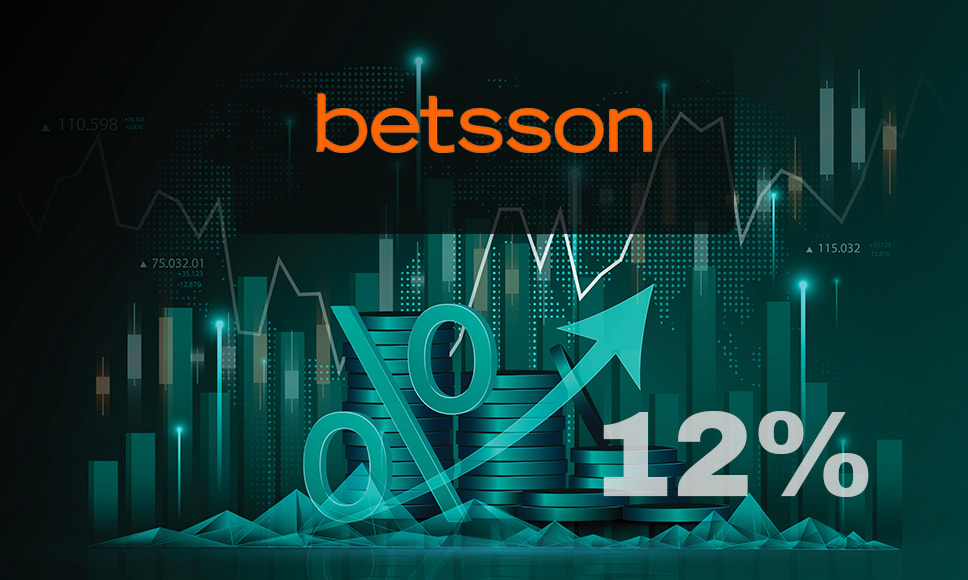 Gráfico financiero ascendente con el logo de Betsson y un aumento del 12%.