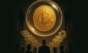 Bitcoin dorado dentro de una burbuja, rodeado de figuras en distintos niveles de riqueza.