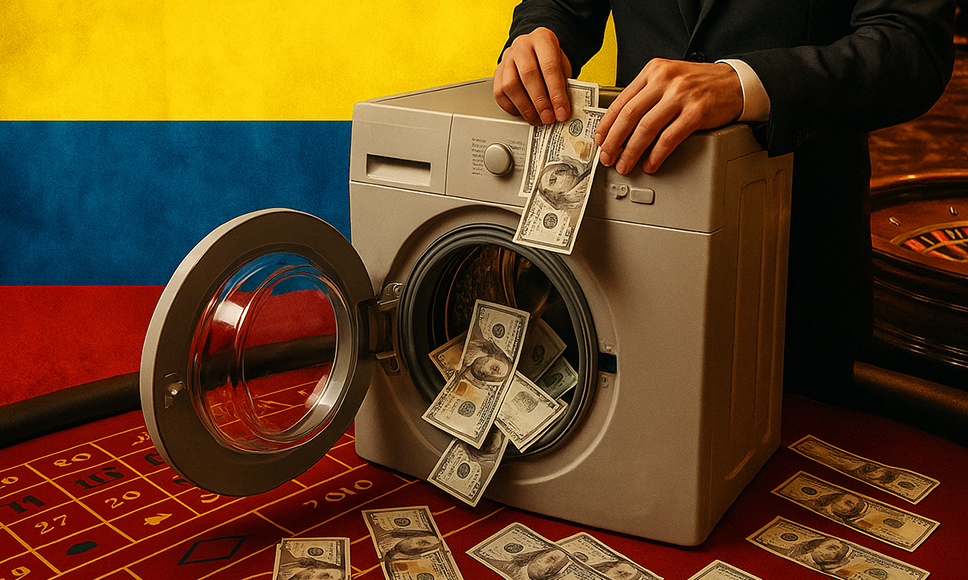 Una lavadora y billetes sobre un tapete de ruleta y la bandera de Colombia.