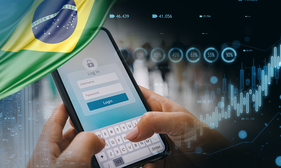 Bandera de Brasil, índices de crecimiento y usuario accediendo a un operador.