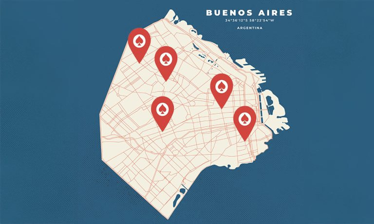 Mapa de la ciudad de Buenos Aires con varias ubicaciones de casinos.
