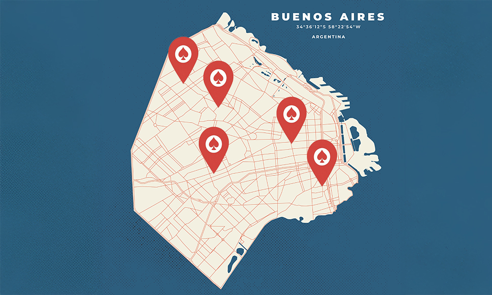 Mapa de la ciudad de Buenos Aires con varias ubicaciones de casinos.