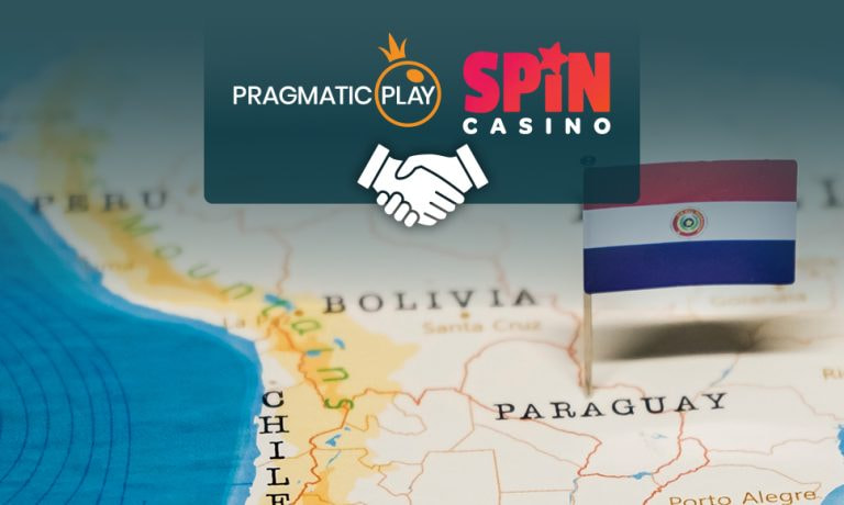 Logos de Pragmatic Play y Spin Casino sobre mapa de Paraguay con apretón de manos.