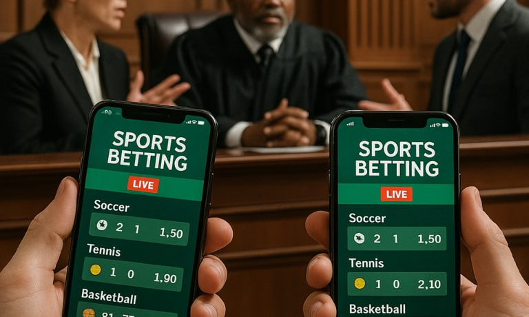 Teléfonos con apps de apuestas deportivas en una sala judicial argentina.