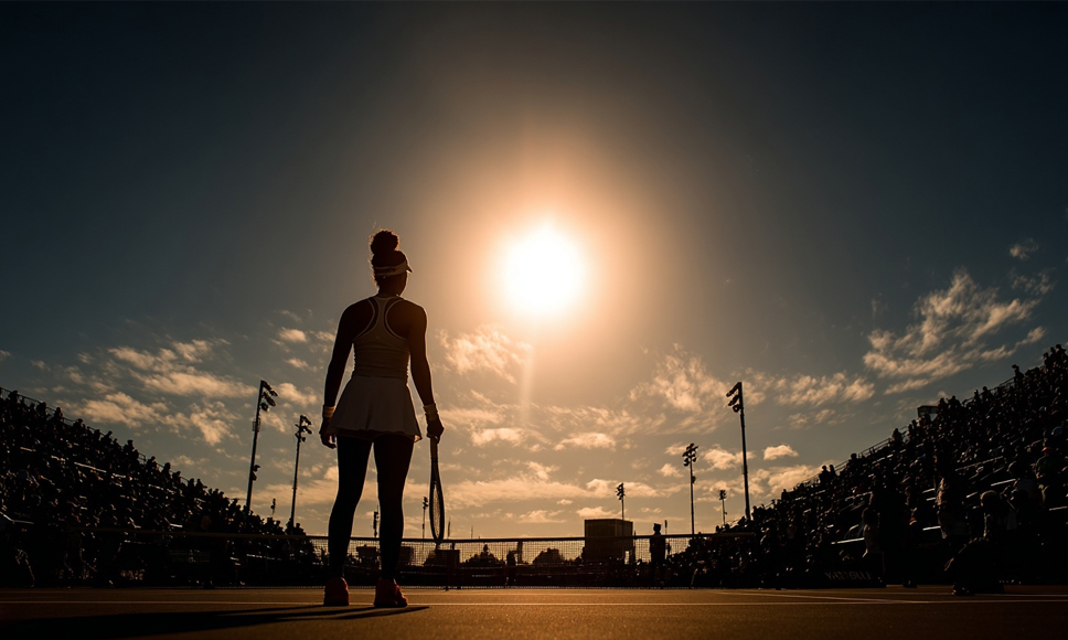 Una tenista con una raqueta sobre una pista de tenis con público.