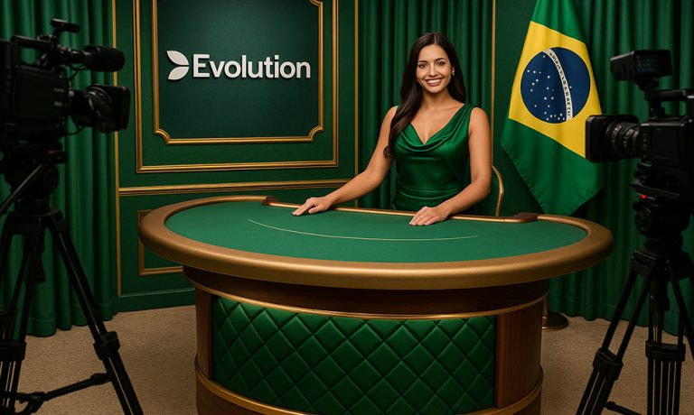 Crupier en estudio de casino en vivo de Evolution con bandera de Brasil.