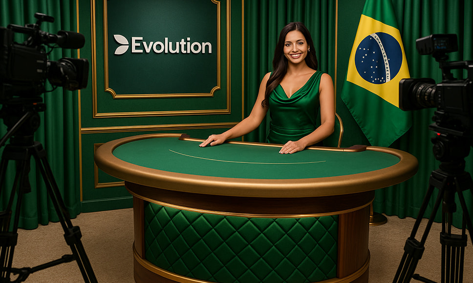 Crupier en estudio de casino en vivo de Evolution con bandera de Brasil.