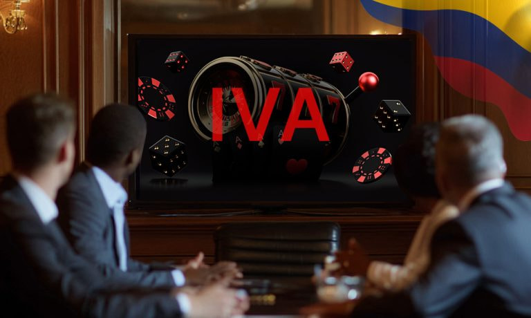 Ejecutivos observan una pantalla con íconos de casino y un gran texto “IVA”, junto a la bandera de Colombia.