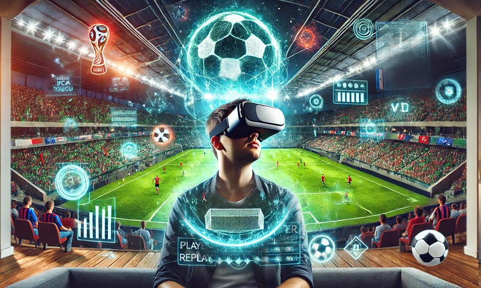 Usuario con visor de realidad virtual visualizando un partido de fútbol inmersivo con estadísticas y gráficos flotantes.