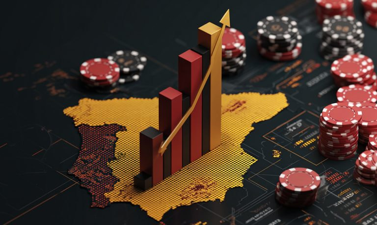 Gráfico de barras ascendentes sobre un mapa de España con fichas de casino alrededor.