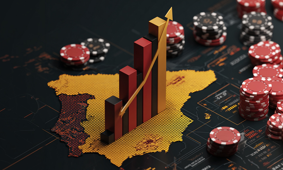 Gráfico de barras ascendentes sobre un mapa de España con fichas de casino alrededor.